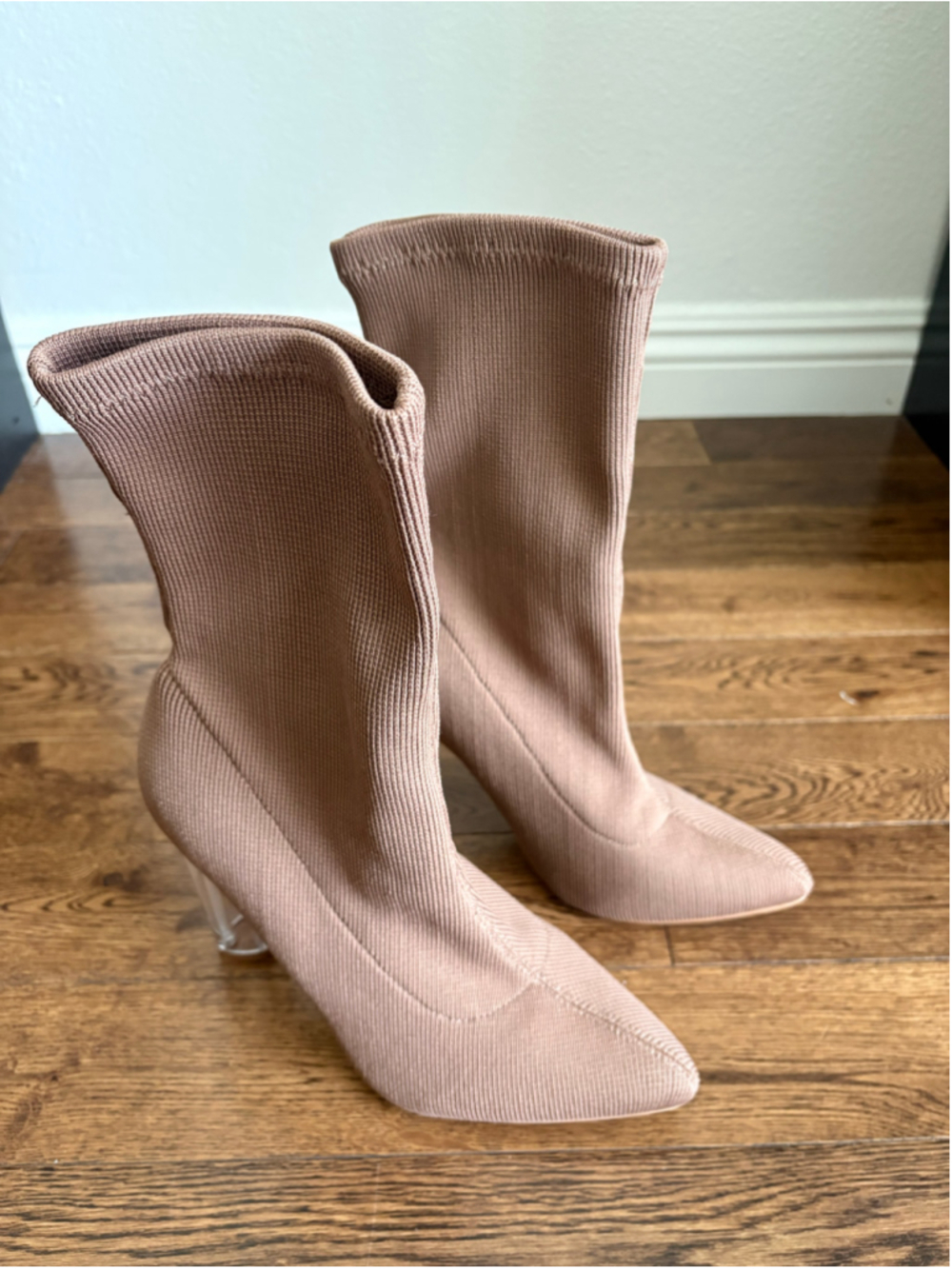 Fashion Nova Beige Knit Ankle Boots with Clear Heels, Size 8.5
